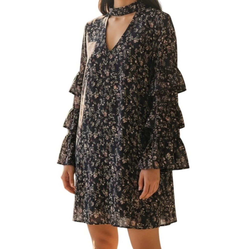 LE LIS Navy Floral Long Sleeve Tiered Ruffle Trim Mini Shift Dress NWOT Large